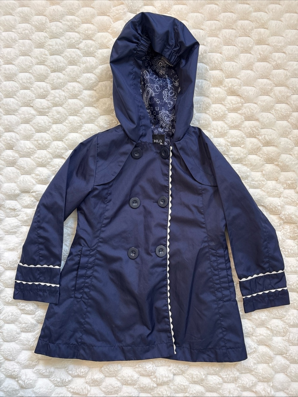 Rothschild Navy Blue Raincoat Jacket Double Breasted Button Scalloped Trim